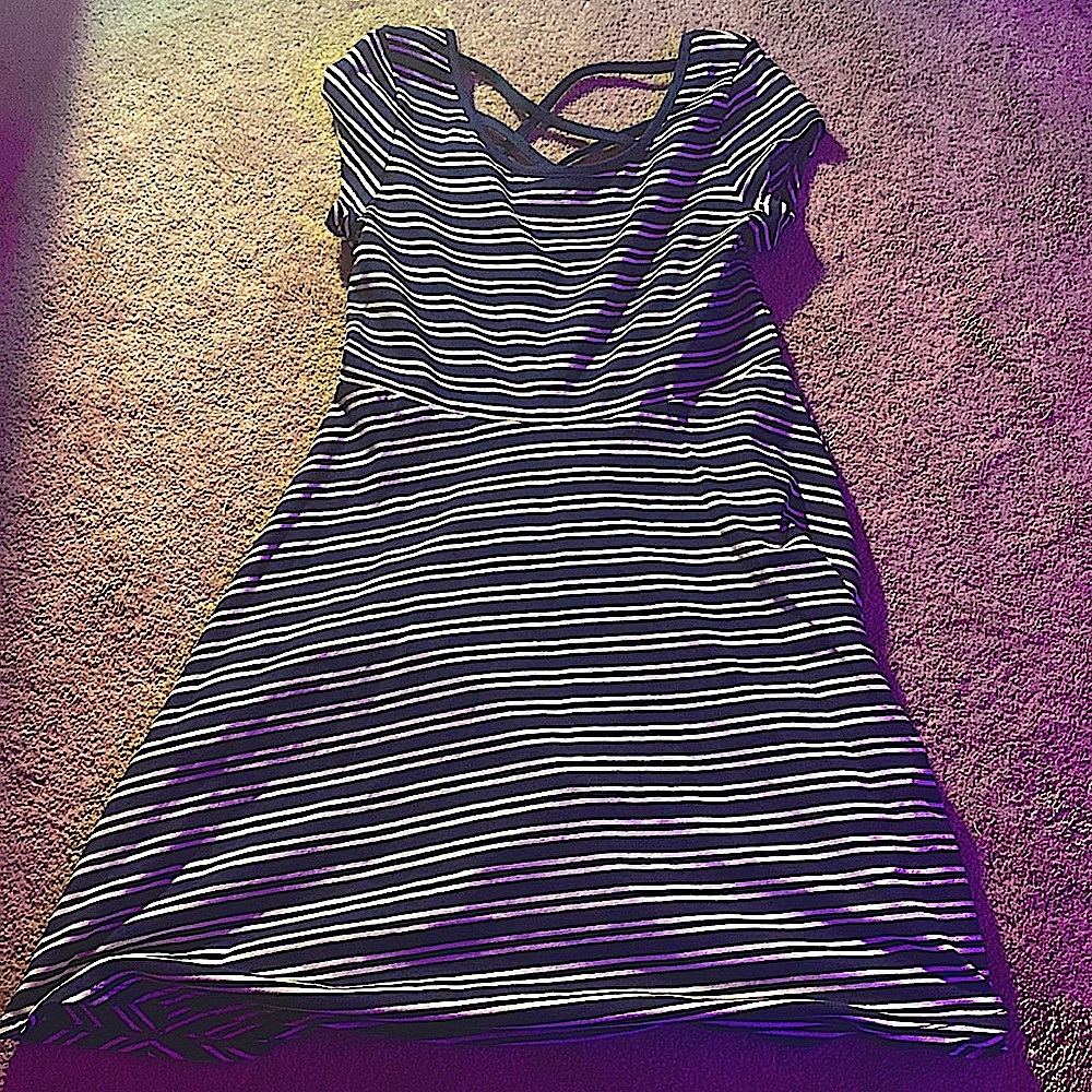 blue and white striped dress - cross on back